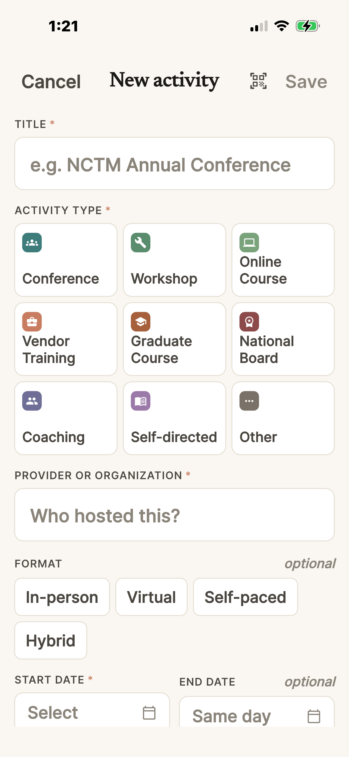 New activity form — title field and a grid of activity types: conference, workshop, online course, vendor training, graduate course, National Board, coaching, self-directed, other.