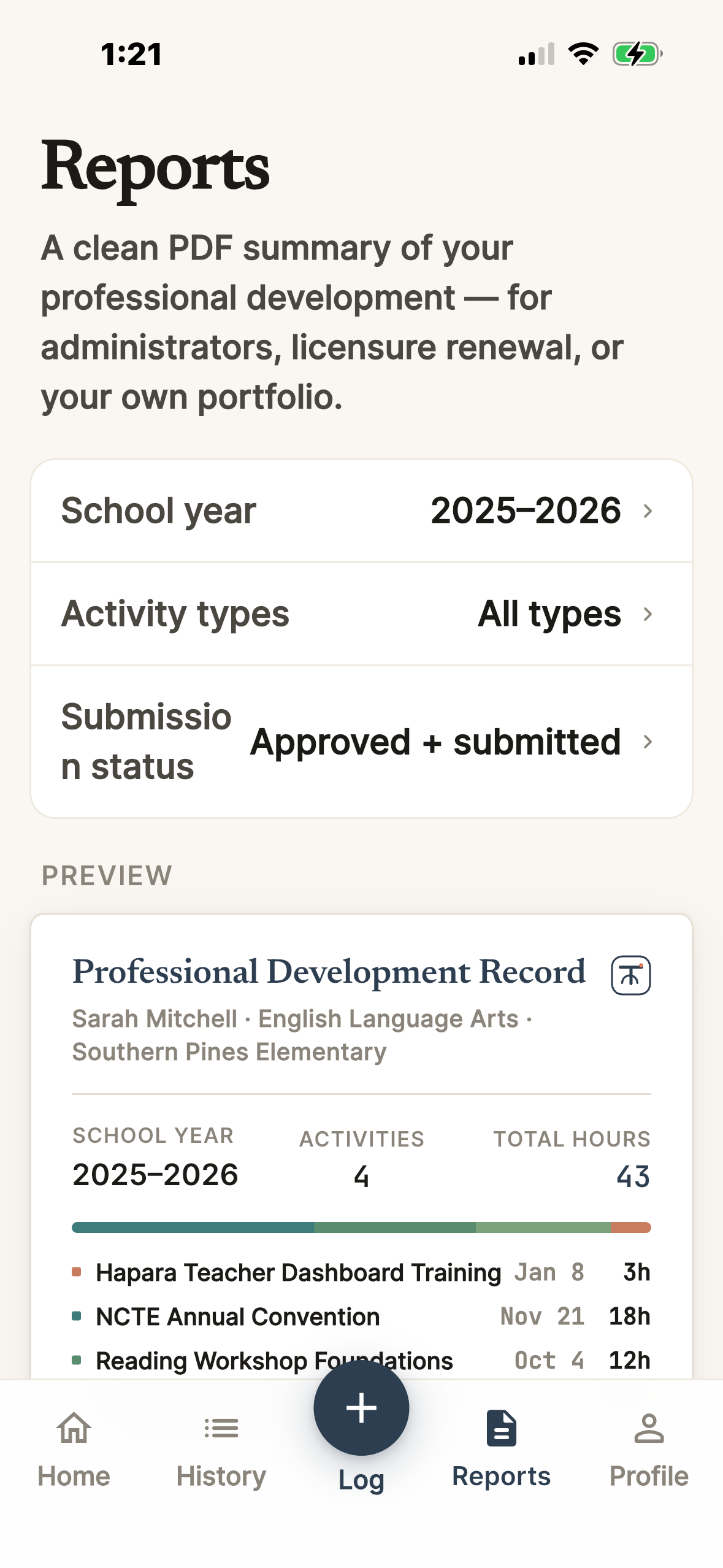 Reports screen — filters and a preview of the Professional Development Record PDF.